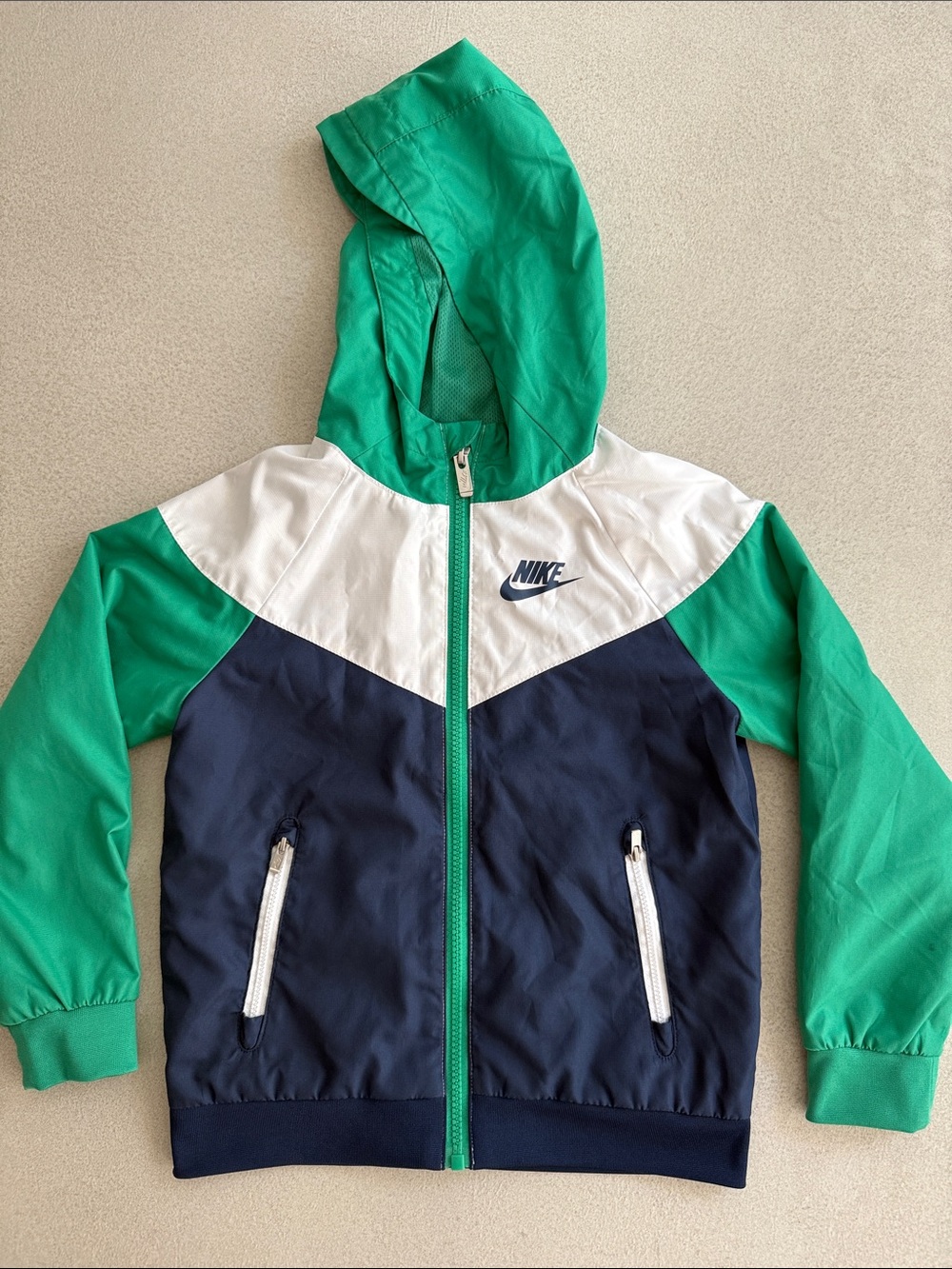 Nike Green White Navy Colorblock Kids Hooded Jacket